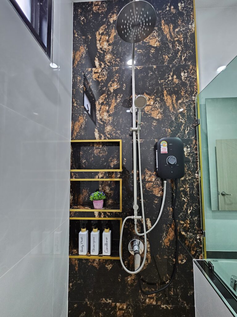 Shower with soap, shampoo, hair conditioner